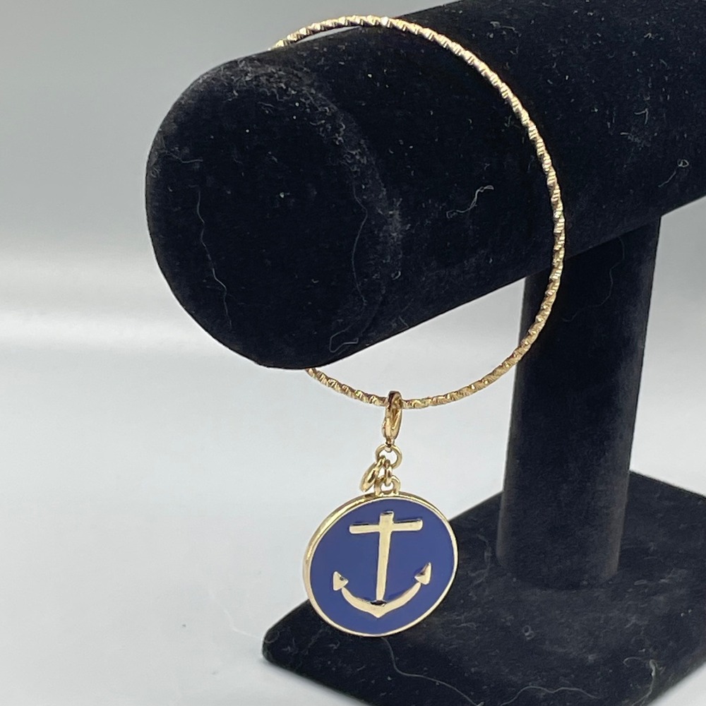 Gold Tone Textured Bangle Bracelet Blue Enamel Anchor Charm Nautical‎ Jewelry